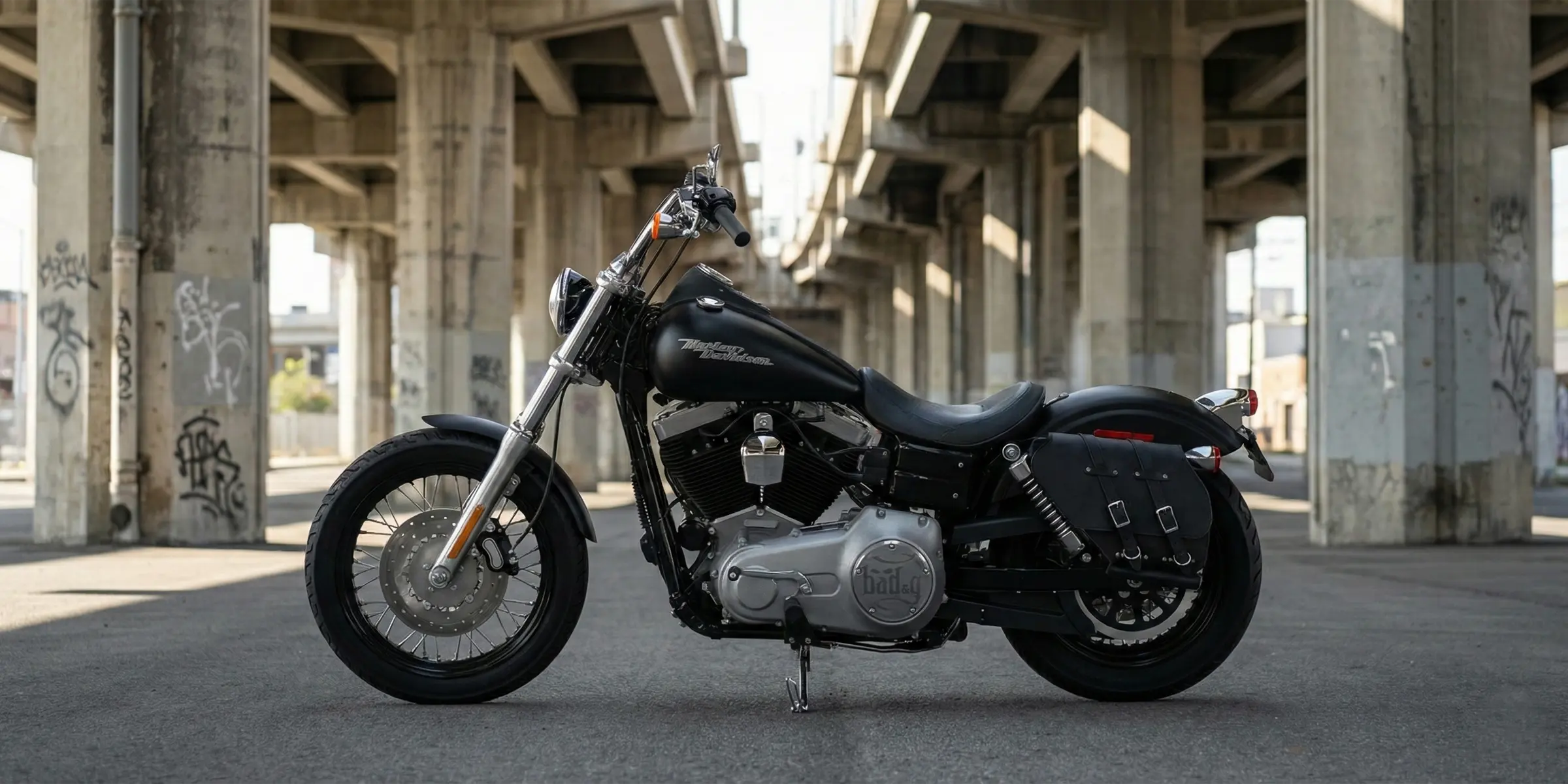 Motorcycle parked under a bridge with graffiti on the pillars