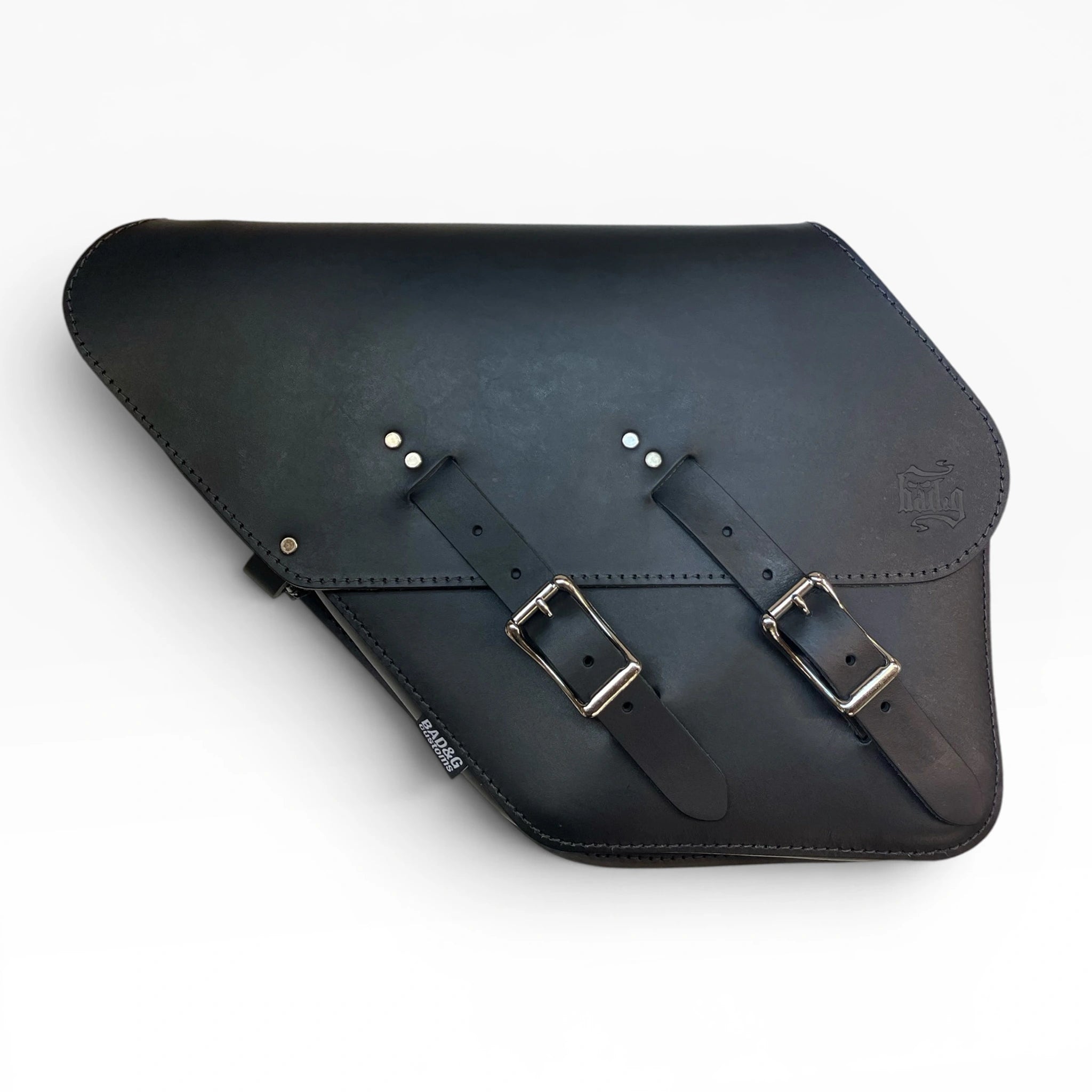Black leather saddle bag with two adjustable buckle straps, shown on a clean white background.