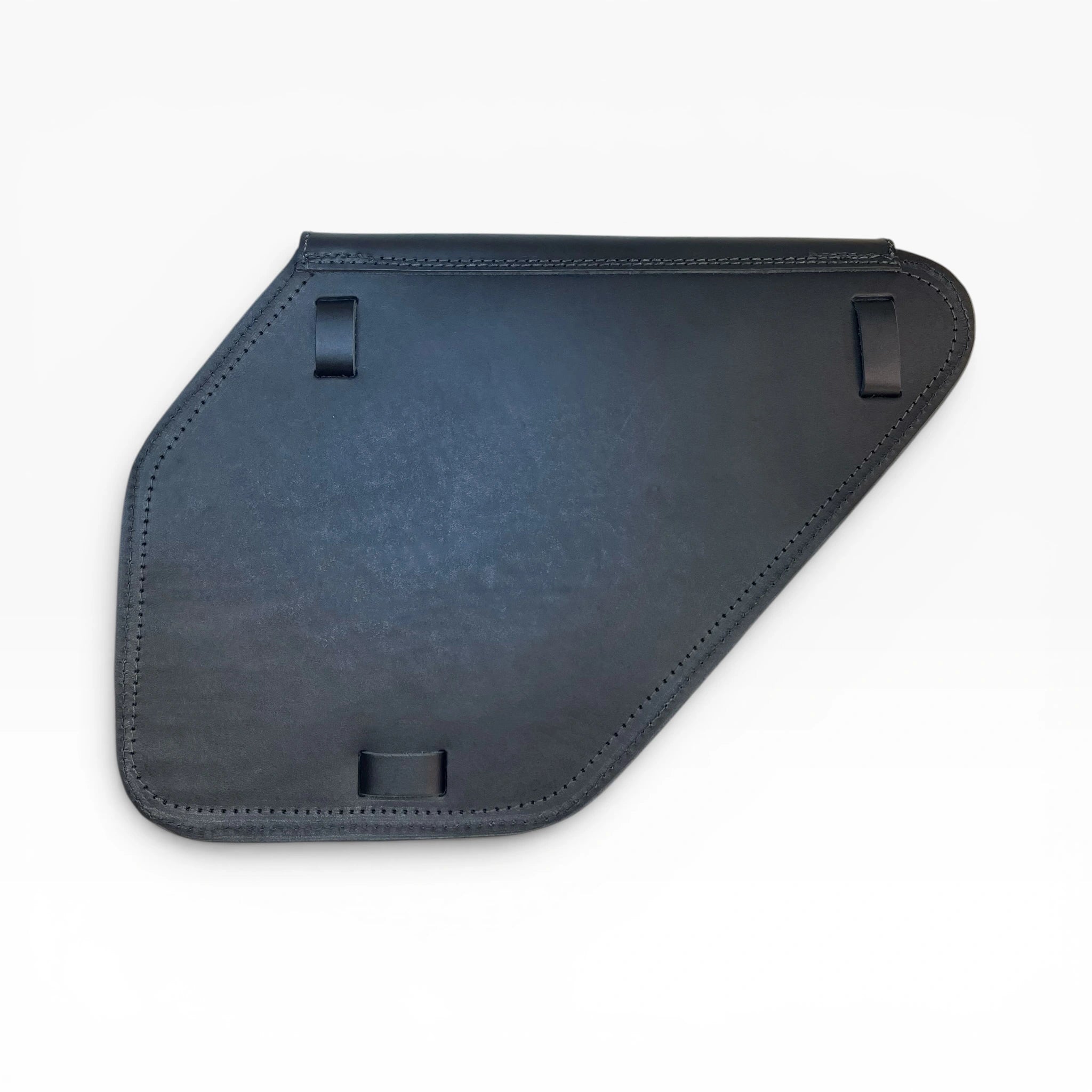 A black leather or faux-leather accessory cover with stitched edges and three small black tabs, photographed on a plain white background.