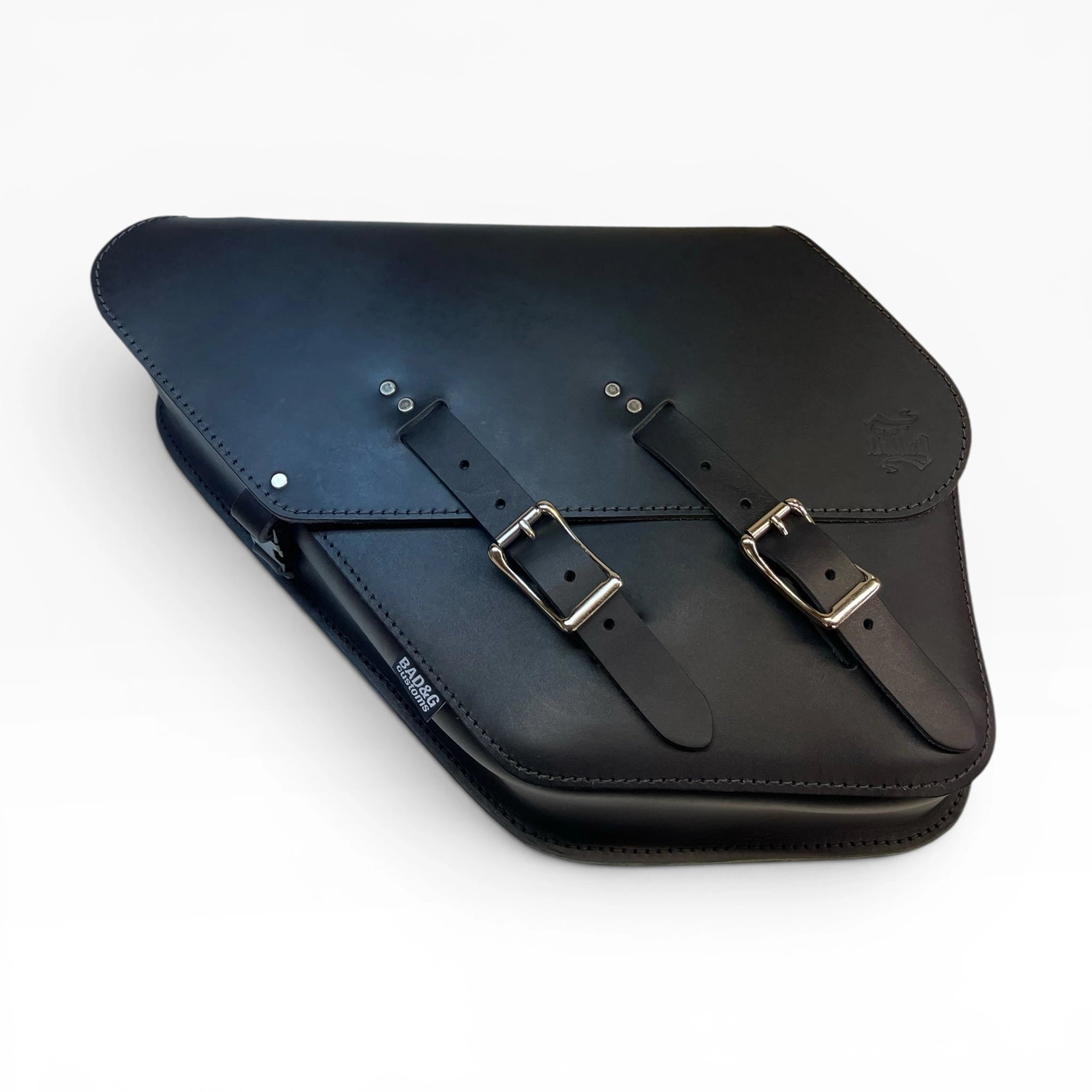 A black leather saddle bag with two adjustable strap buckles, shown on a clean white background.