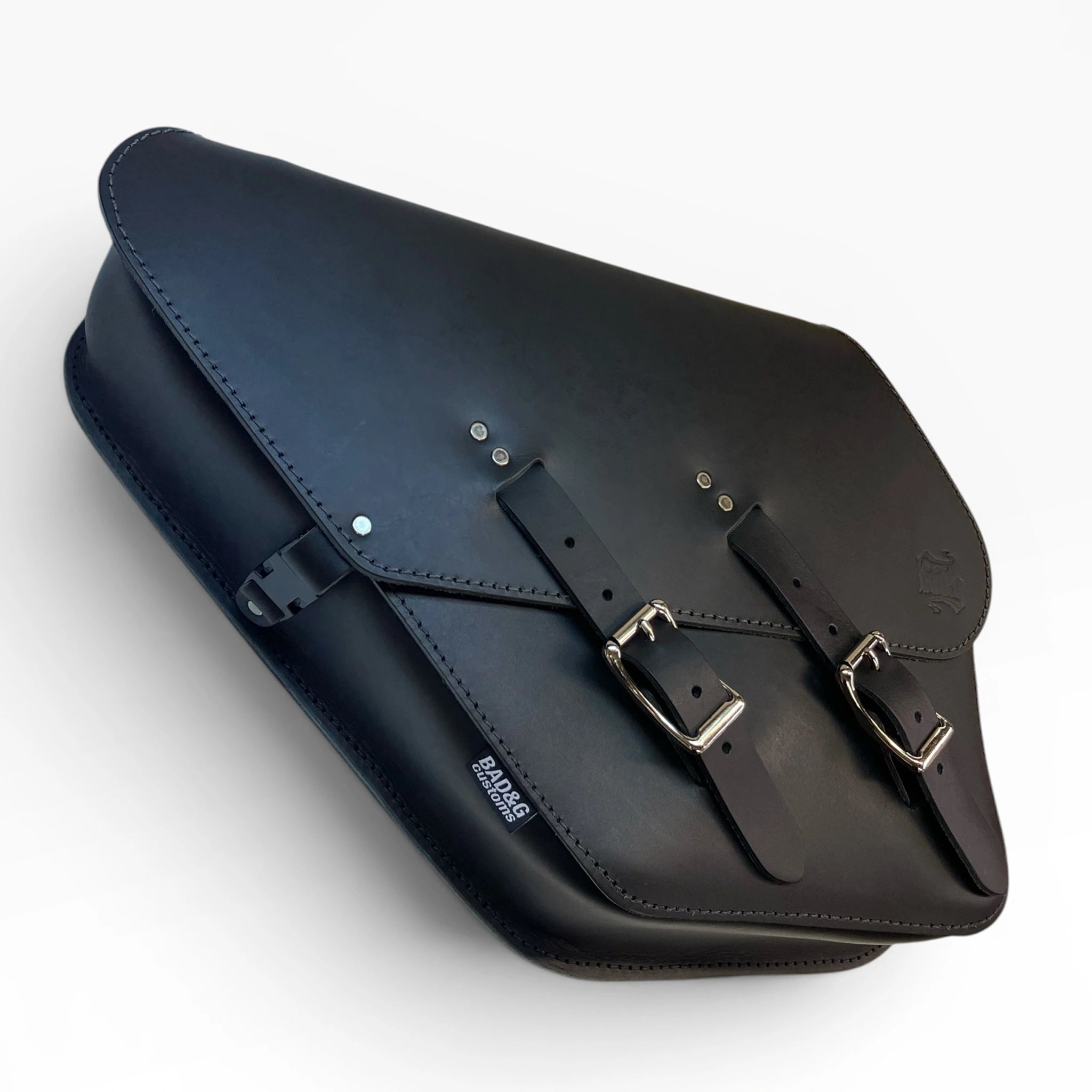 A black leather saddle bag with silver buckles and straps, shown on a clean white background. The brand name 'RACING' is printed in white on the lower left side.