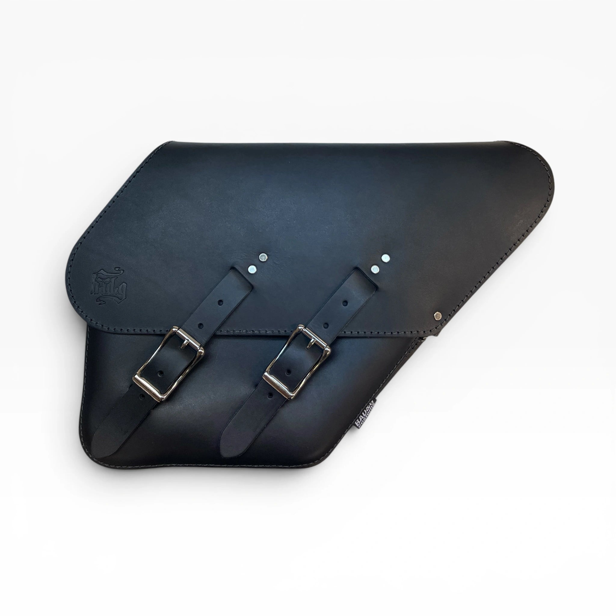 A black leather saddle bag with two adjustable buckle straps, shown on a clean white background.