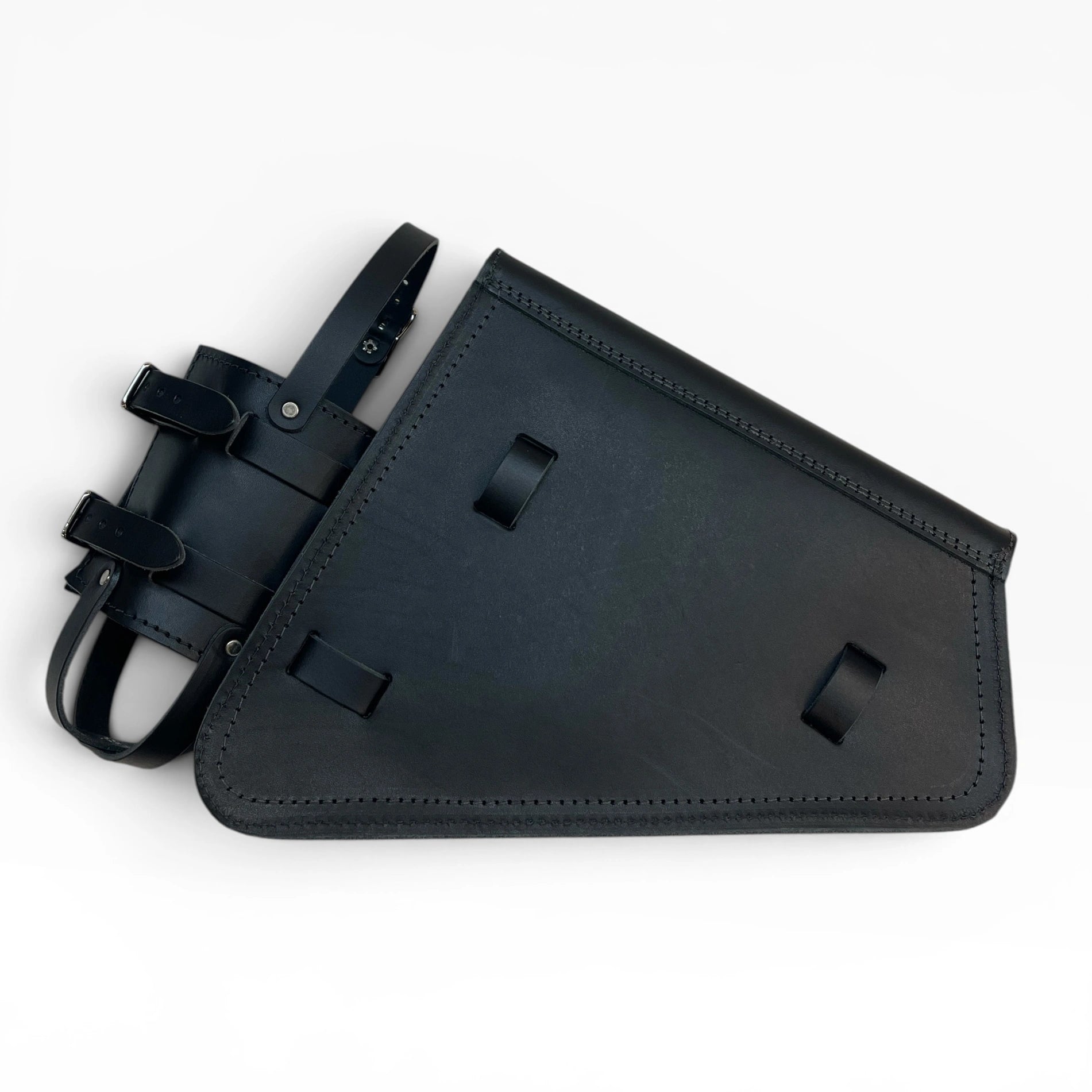 Black leather holster with an adjustable strap and belt loops, photographed on a clean white background.
