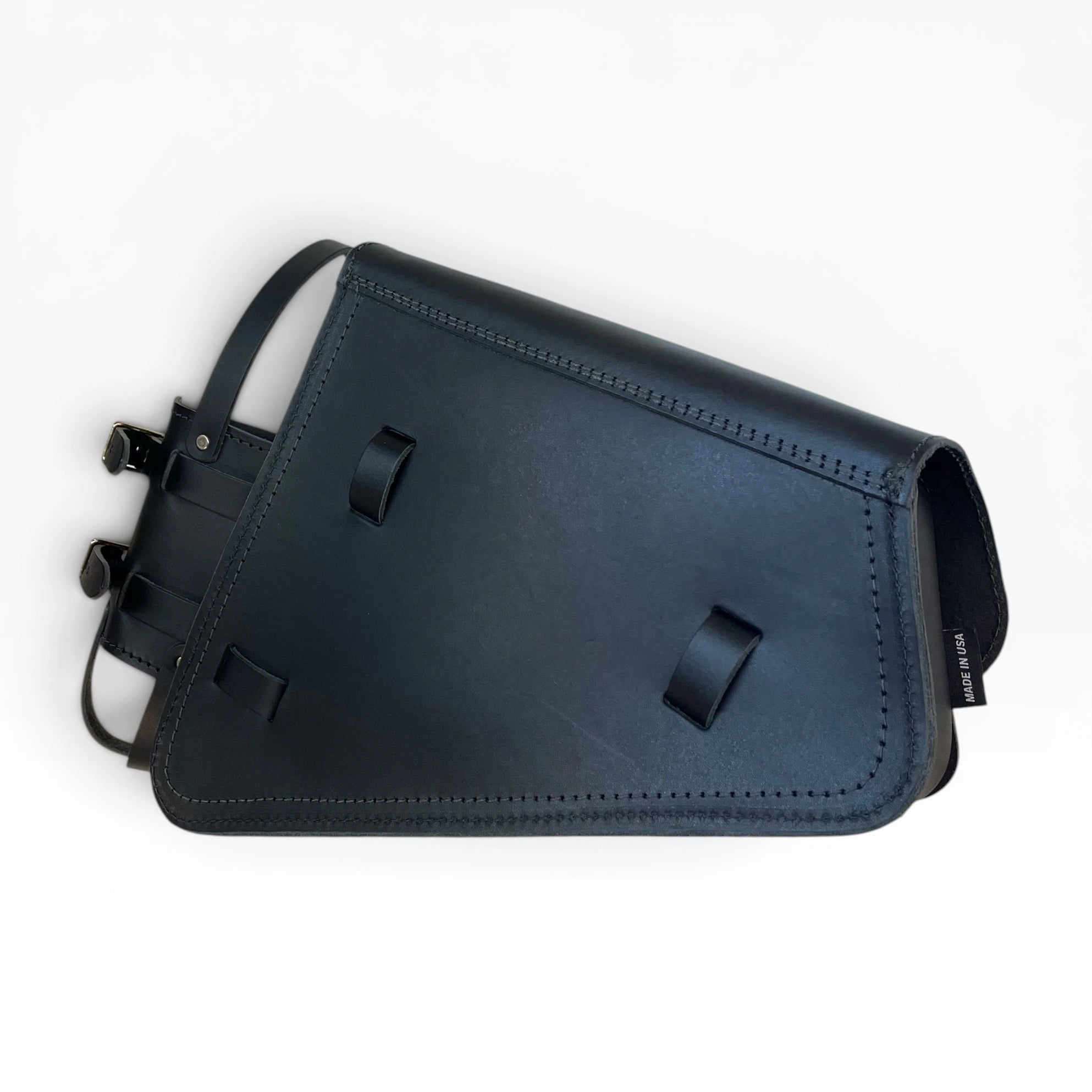 A black leather rifle buttstock cover with a strap and buckle system, shown from a top-down angle on a white background.